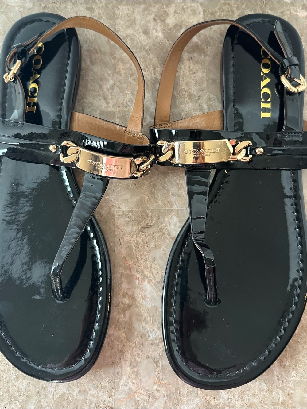 Coach Black Patent Leather T-Straps Gold Hardware Flat Thong Sandals 8.5 Y2K
